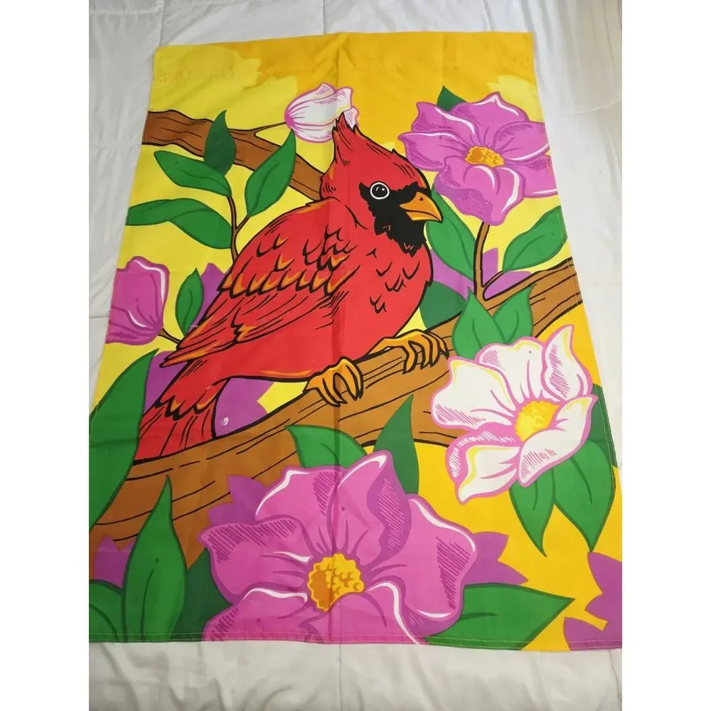 Cardinal Flower Garden Flag 28x41 Decorative Outdoor Banner Red Bird 90's Vtg